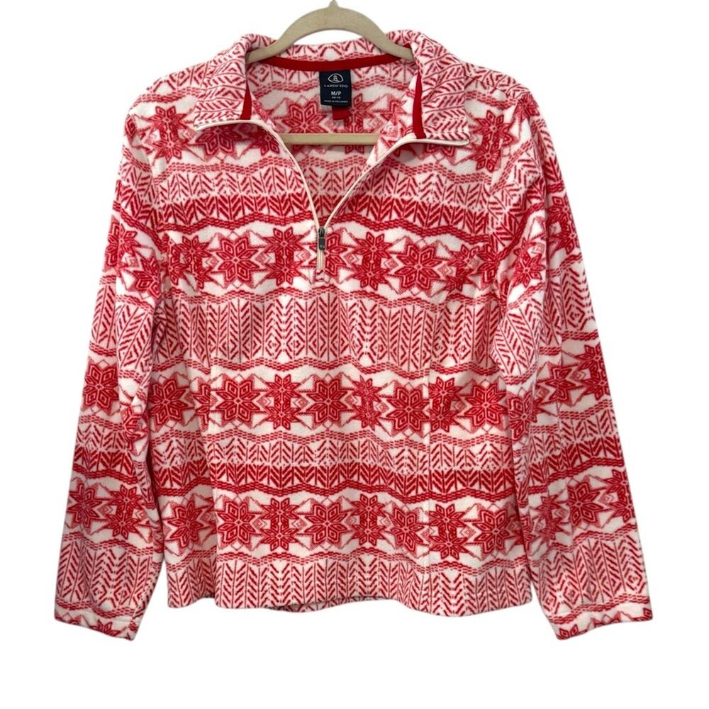 Lands’ End Medium Petite Red White Fair Isle Fleece Christmas Holiday